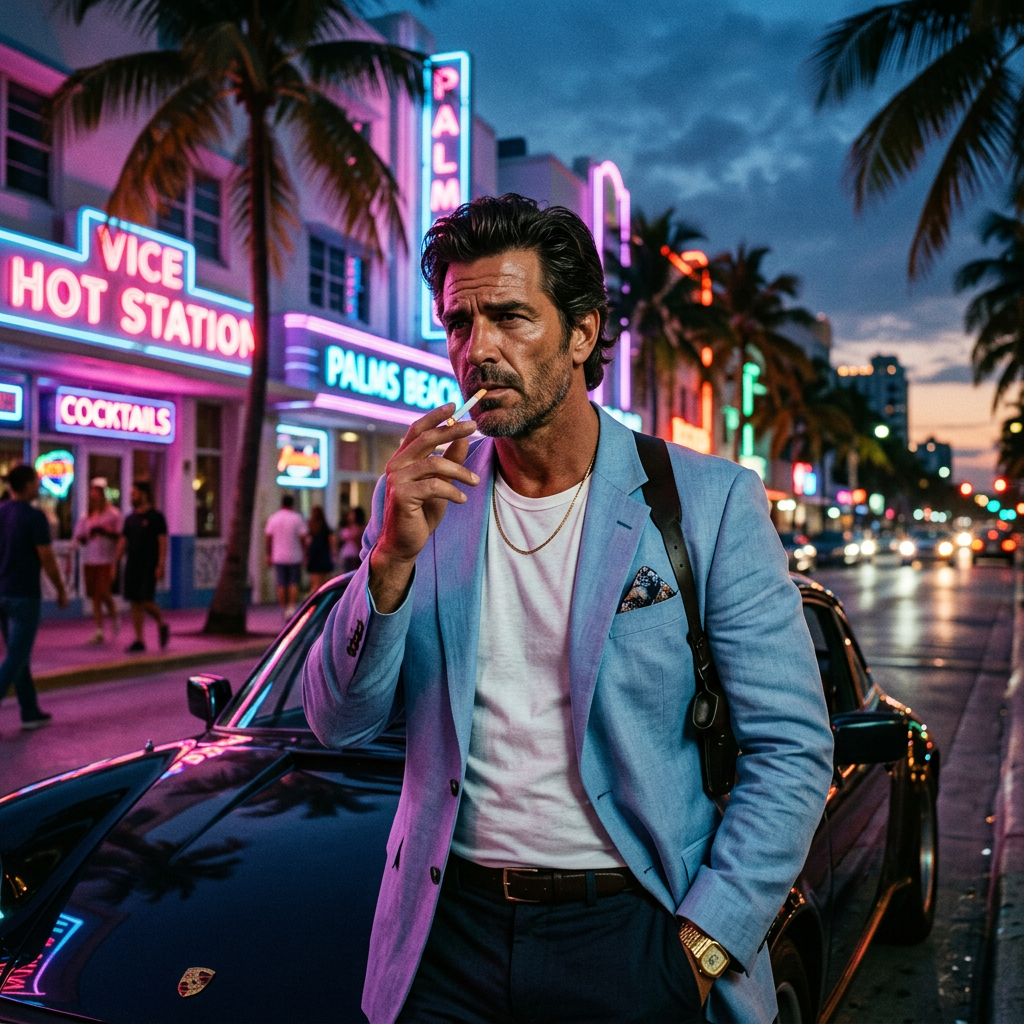 1980s Miami Vice Neon AI Trend AI portrait example — Vintage & Retro