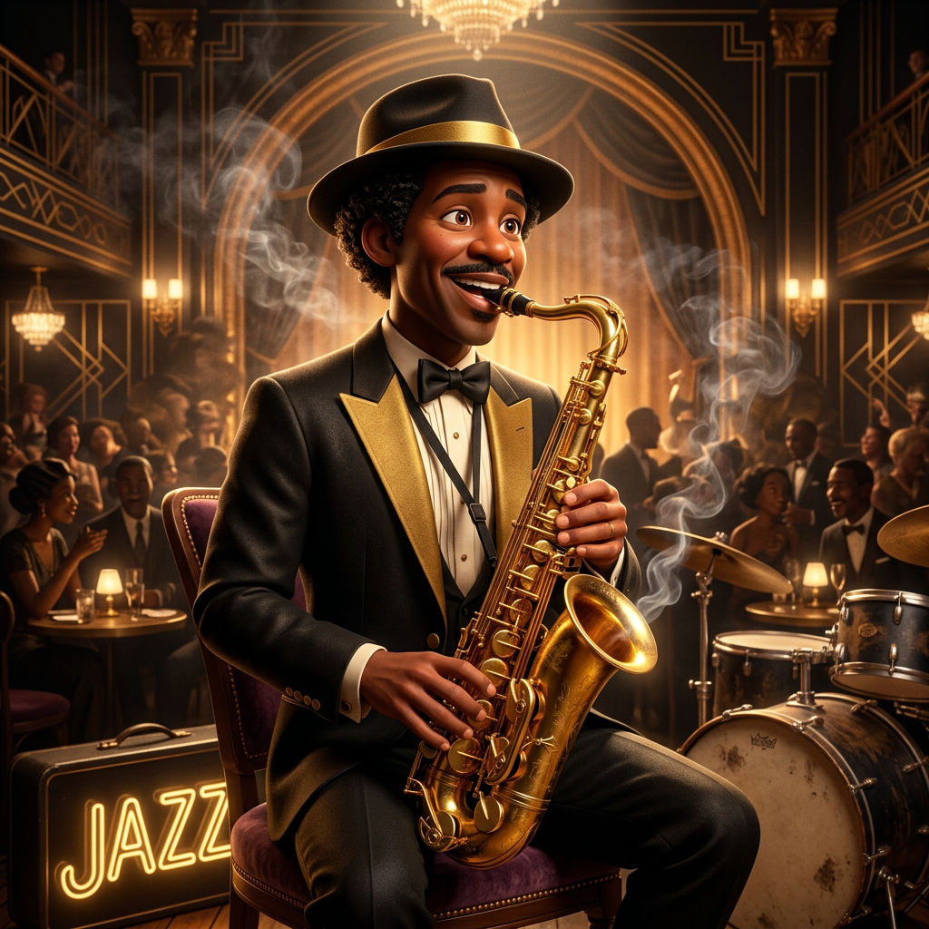 Art Deco Pixar Jazz Musician AI AI portrait example — Disney Pixar 3D
