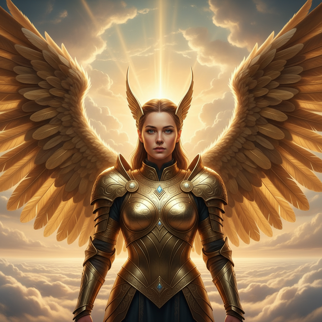 Celestial Valkyrie Golden Wings AI Portrait AI portrait example — Fantasy & Cosplay
