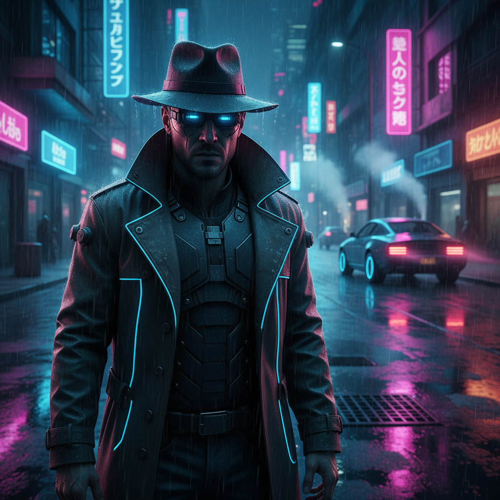 Cyber-Noir Rain Slicked Street AI Portrait AI portrait example — Professional Headshots