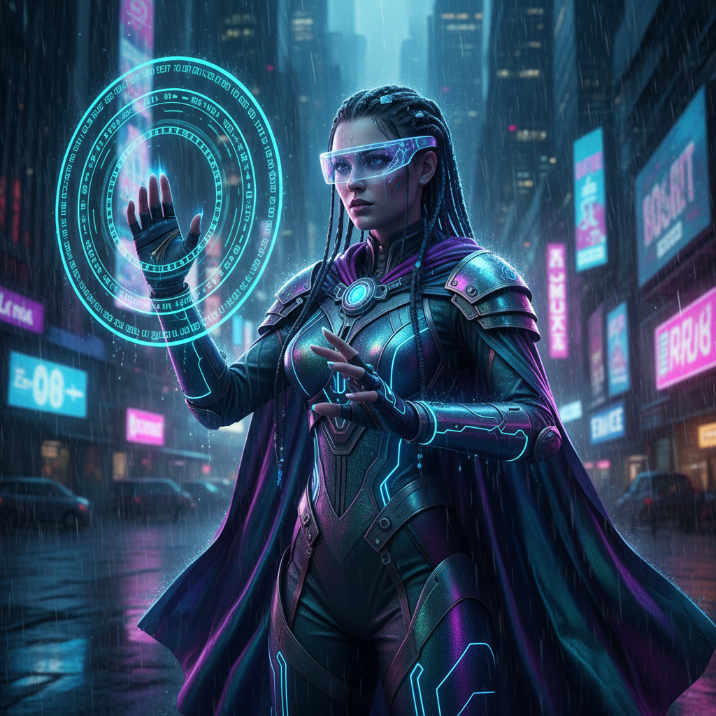 Cyber-Witch Holographic Ritual AI Portrait AI portrait example — Fantasy & Cosplay