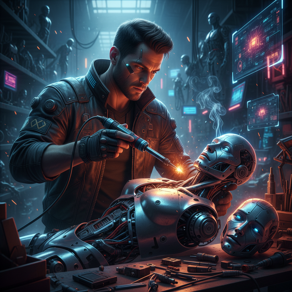 Cyberpunk AI Android Repair Shop Portrait AI portrait example — Cyberpunk & Future