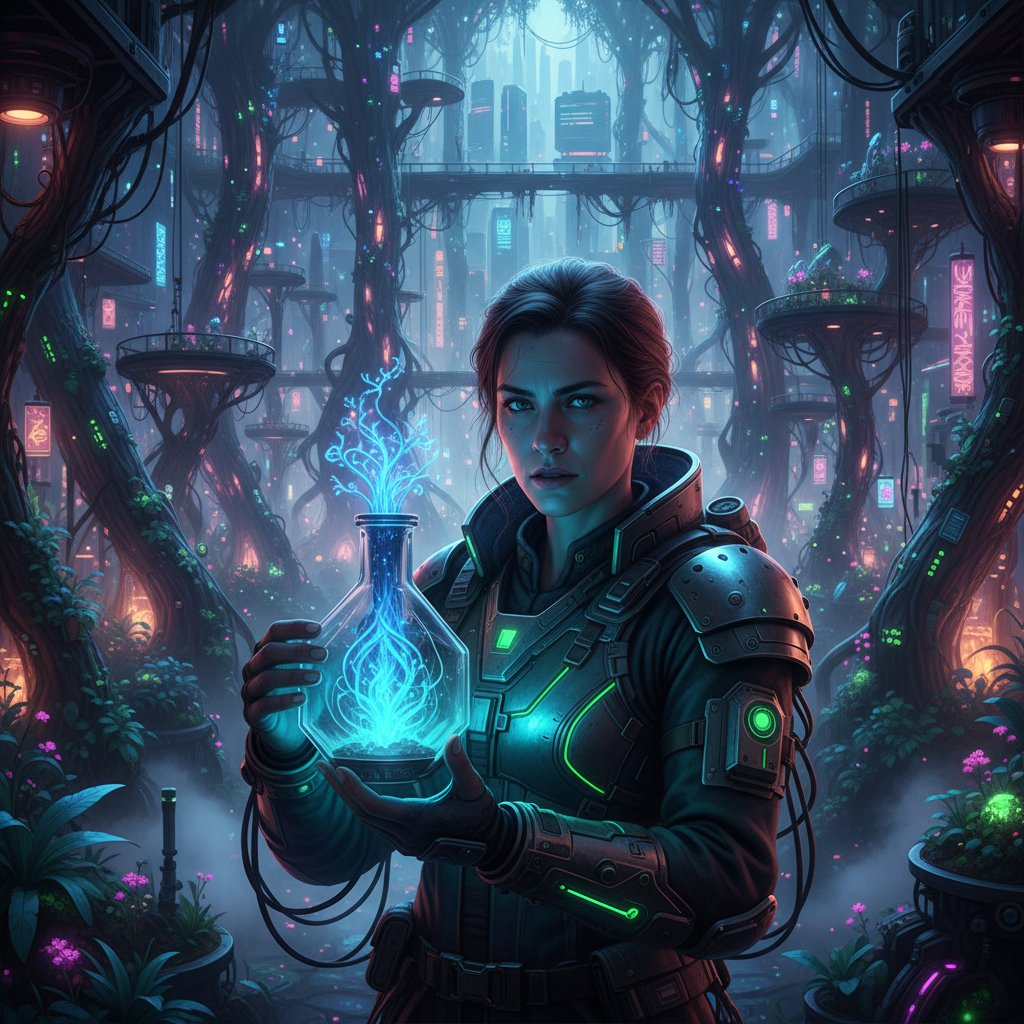 Cyberpunk Biotech Botanist Greenhouse AI Filter AI portrait example — Cyberpunk & Future