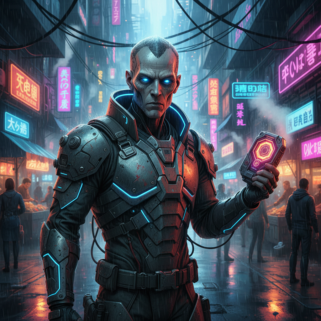 Cyberpunk Bounty Hunter Neon Street AI AI portrait example — Cyberpunk & Future