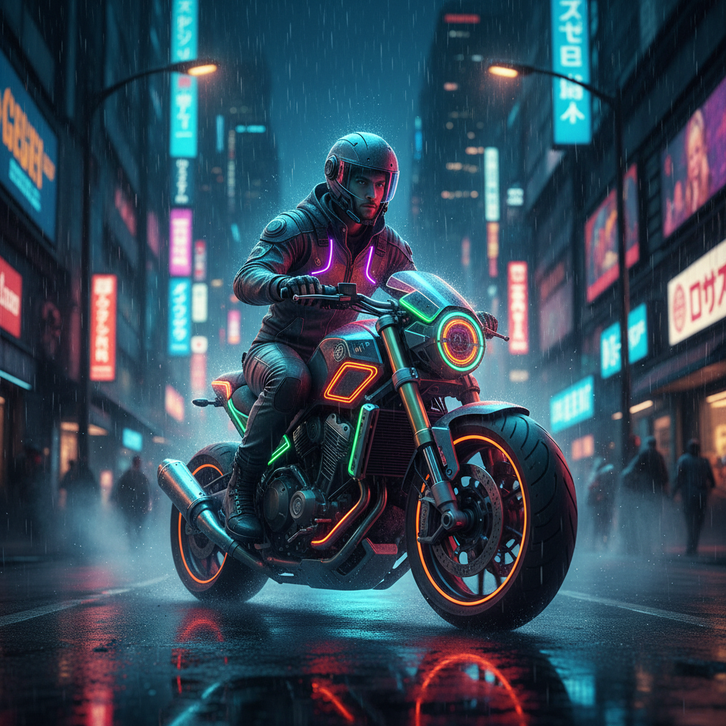 Cyberpunk Courier Biker Neon Night Trend AI portrait example — Cyberpunk & Future