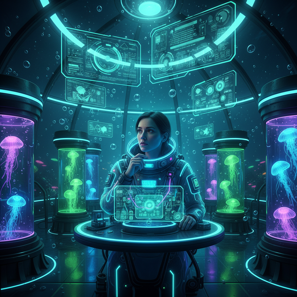 Cyberpunk Deep Sea Bioluminescent Laboratory AI AI portrait example — Cyberpunk & Future