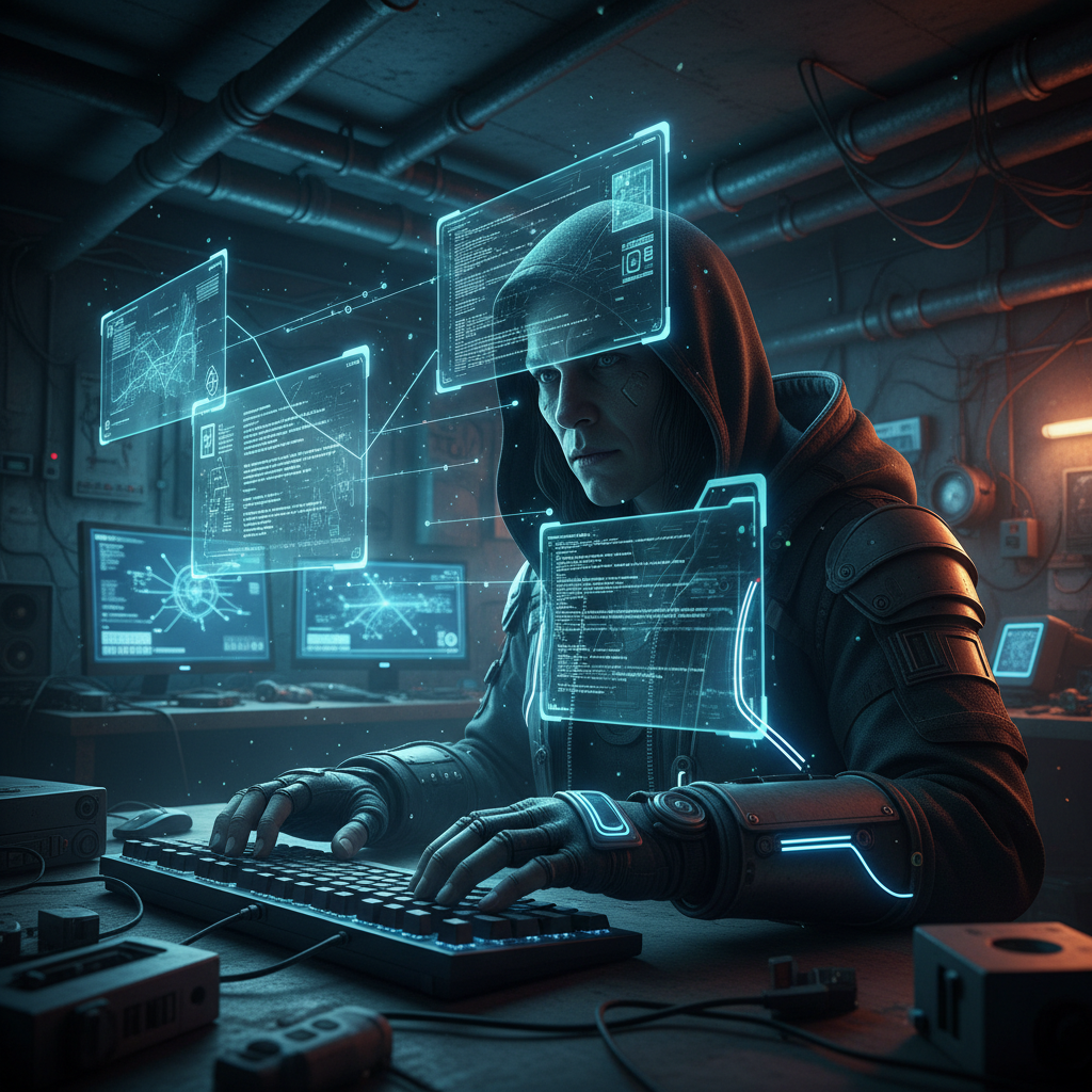Cyberpunk AI Hacker Den Underground Filter AI portrait example — Cyberpunk & Future