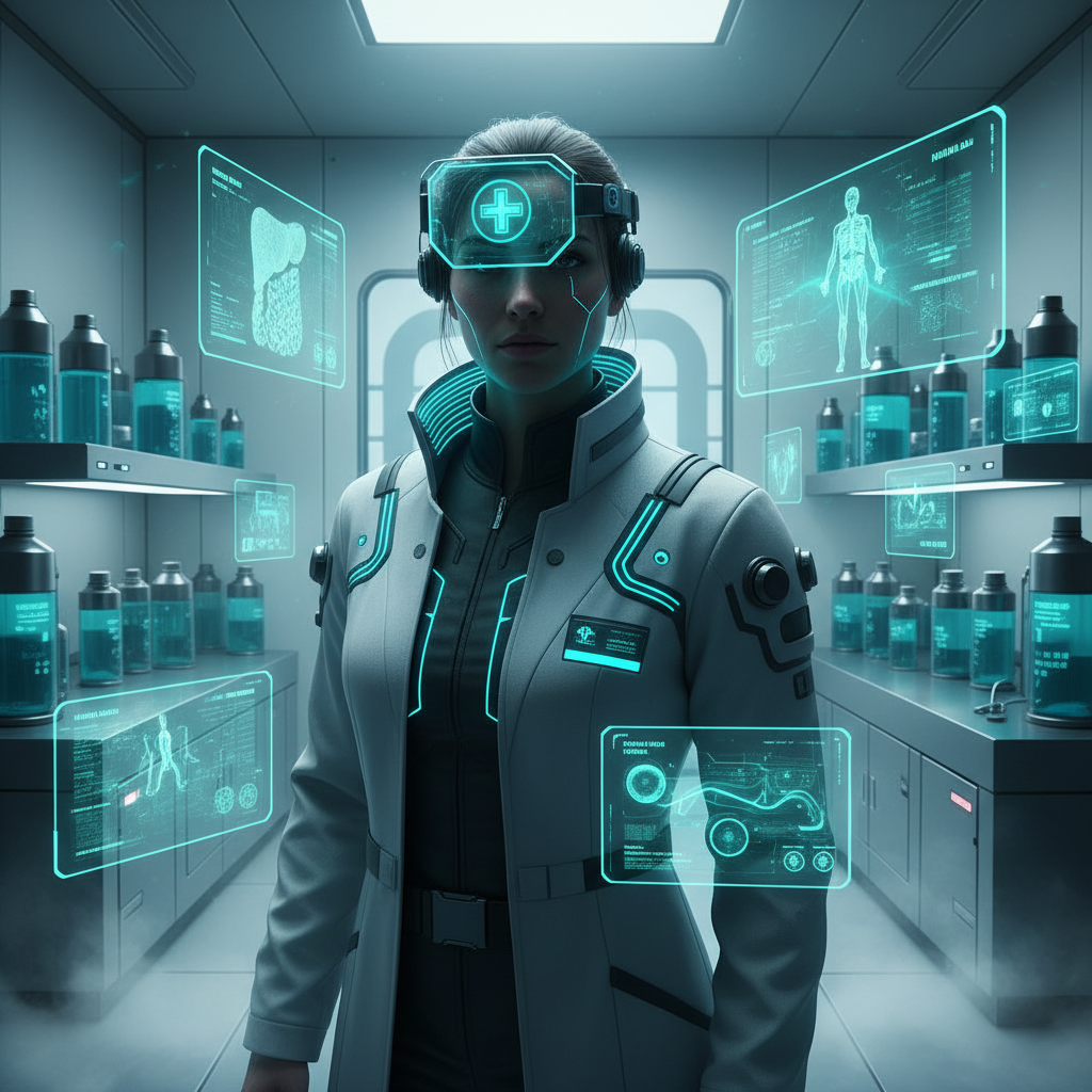 Cyberpunk Medic Biotech Laboratory AI Portrait AI portrait example — Cyberpunk & Future
