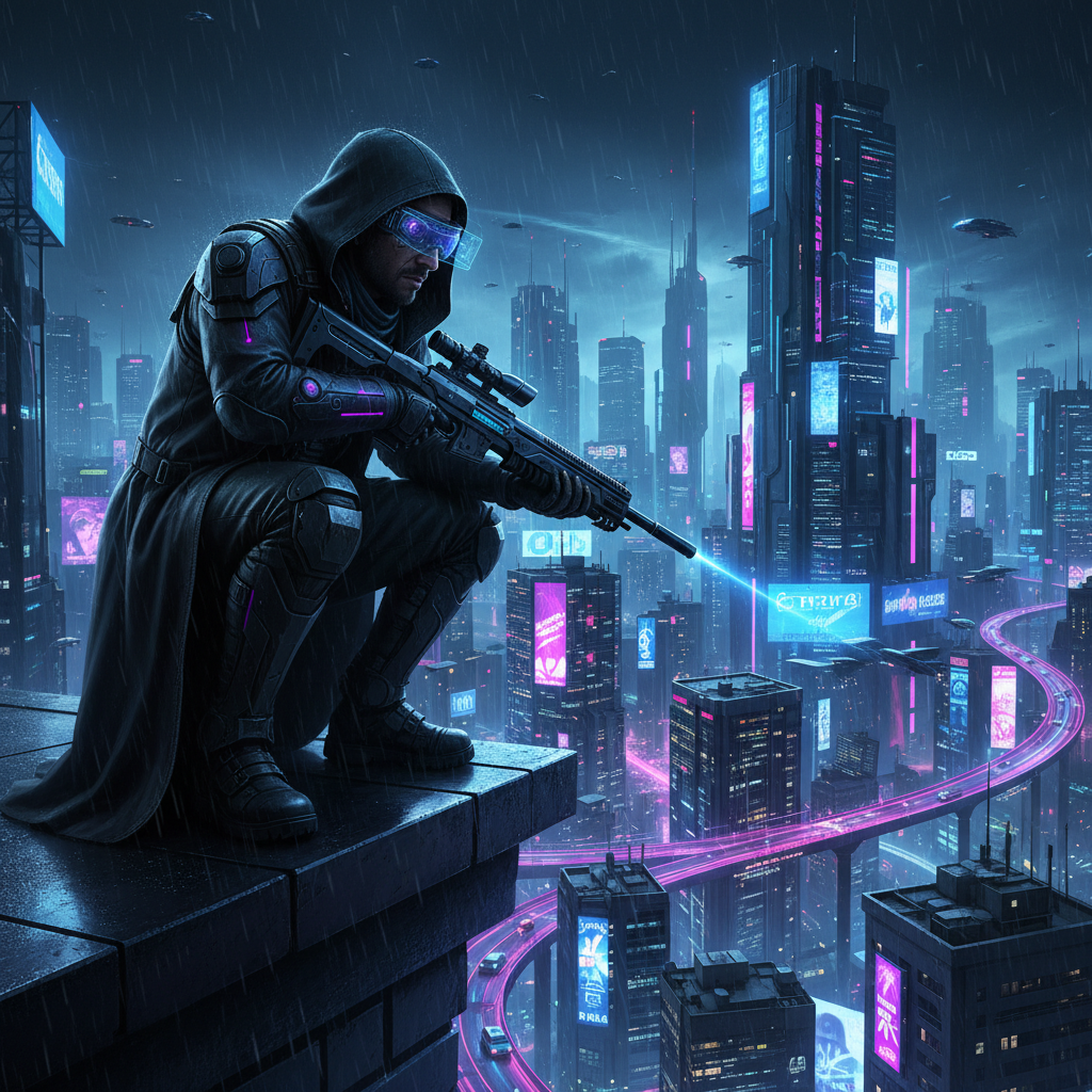 Cyberpunk AI Megacity Rooftop Sniper Portrait AI portrait example — Cyberpunk & Future