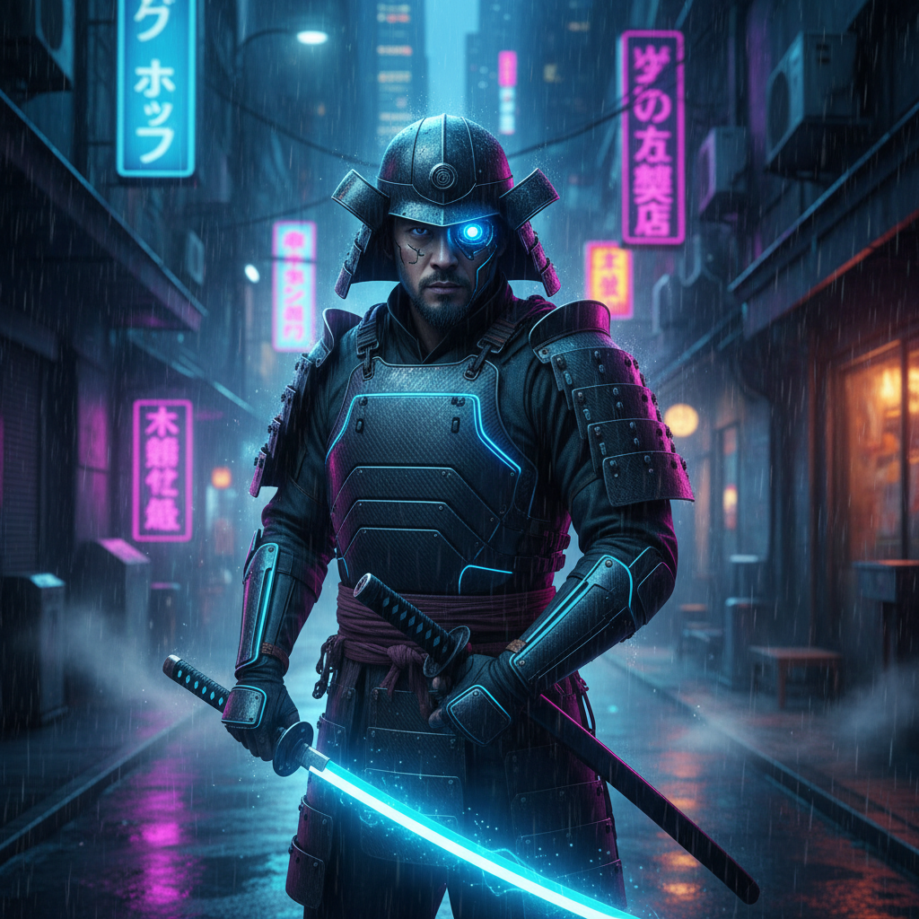 Cyberpunk Neon Samurai AI Portrait AI portrait example — Fantasy & Cosplay