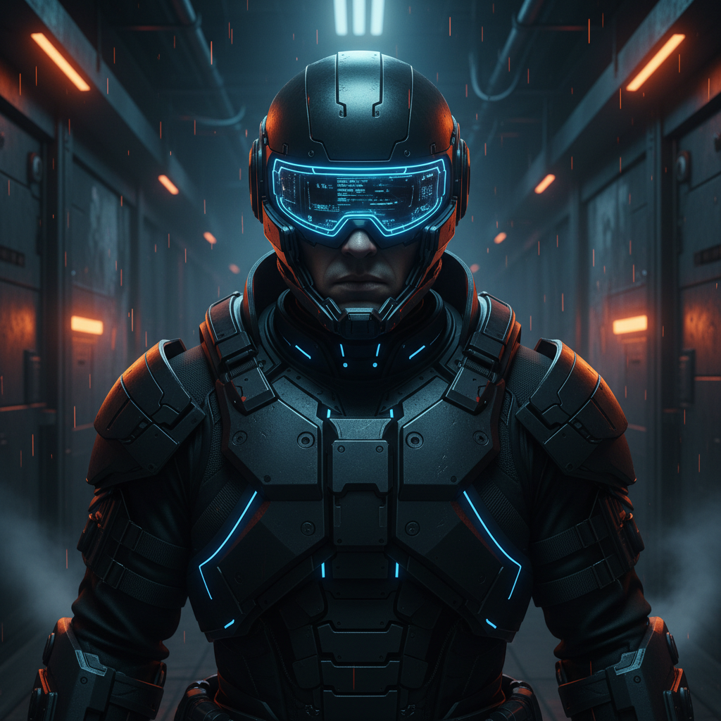 Dystopian Cyberpunk Prison Guard AI Portrait AI portrait example — Cyberpunk & Future