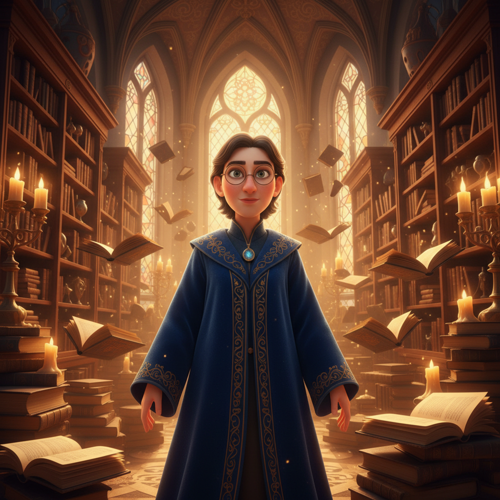 Enchanted Library Pixar Scholar 3D Trend AI portrait example — Disney Pixar 3D
