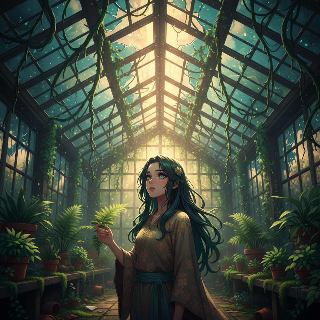 Ghibli Abandoned Greenhouse Nature AI Trend AI portrait example — Ghibli & Anime