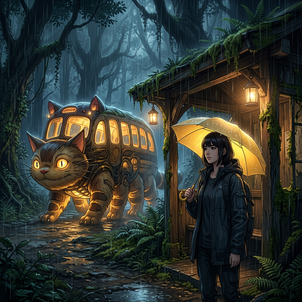 Ghibli Cat Bus Stop Forest AI AI portrait example — Ghibli & Anime