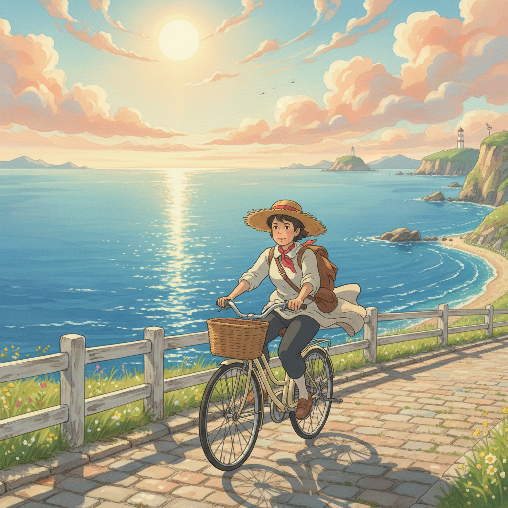 Ghibli Coastal Bike Ride AI Trend AI portrait example — Ghibli & Anime