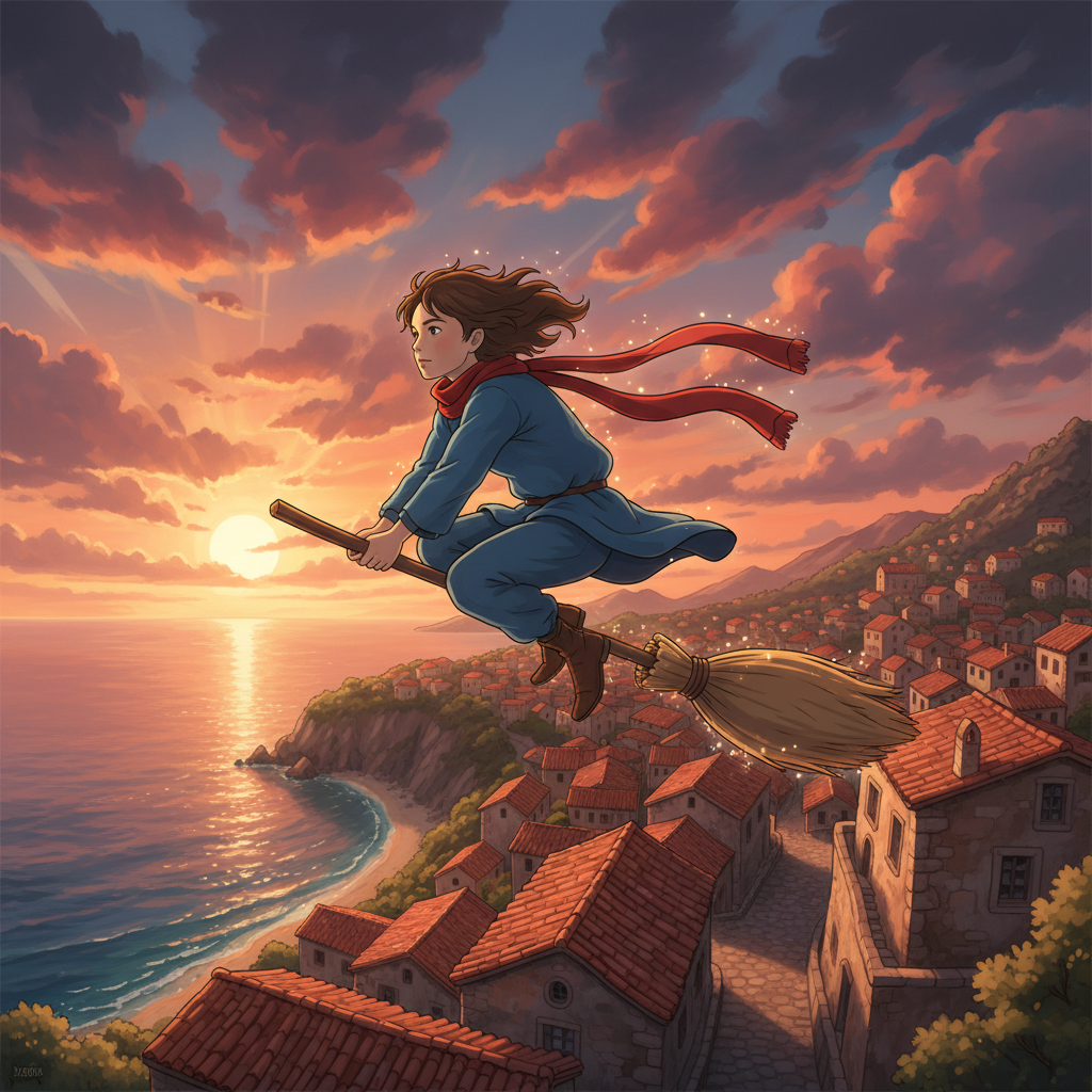Ghibli Flying Broomstick Sunset AI Portrait AI portrait example — Ghibli & Anime
