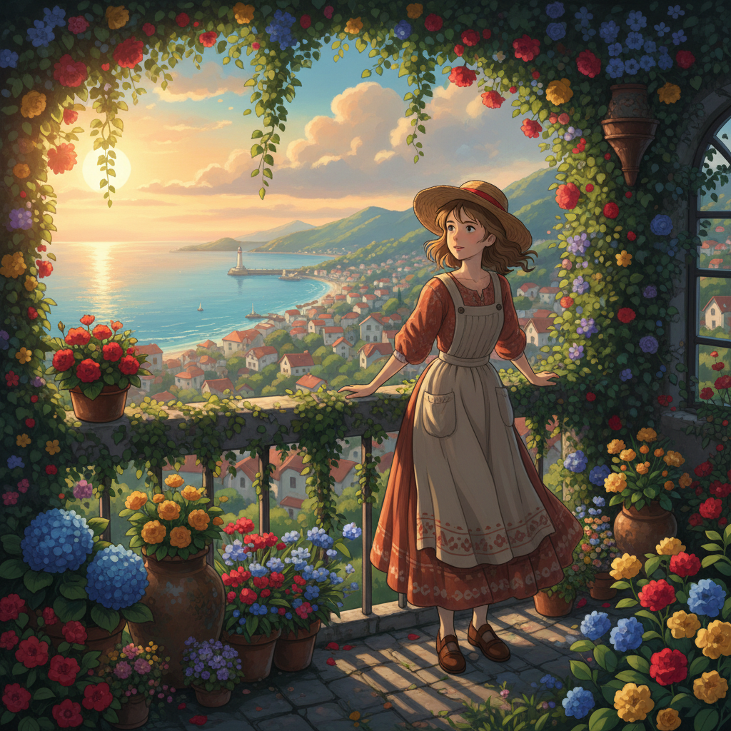 Studio Ghibli Hanging Garden Balcony AI AI portrait example — Ghibli & Anime