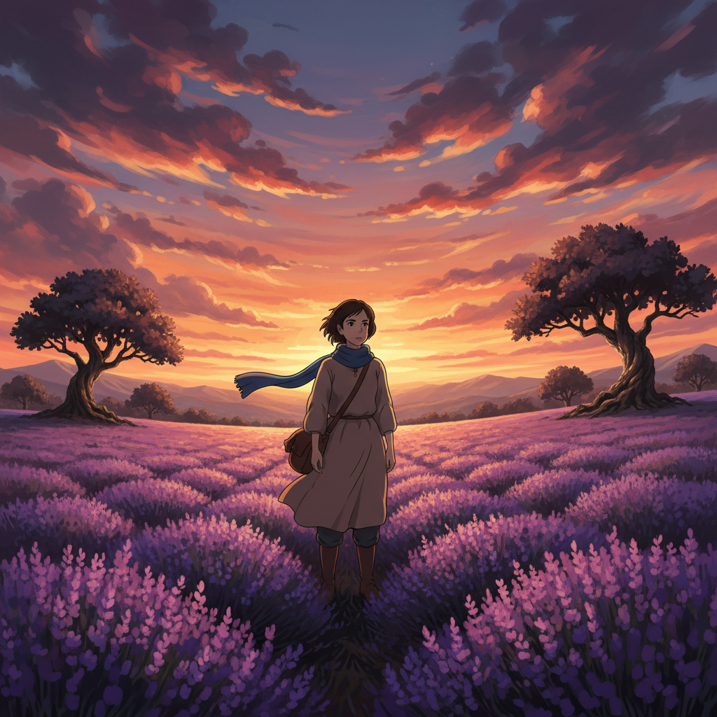 Ghibli Lavender Field Sunset AI Filter AI portrait example — Ghibli & Anime