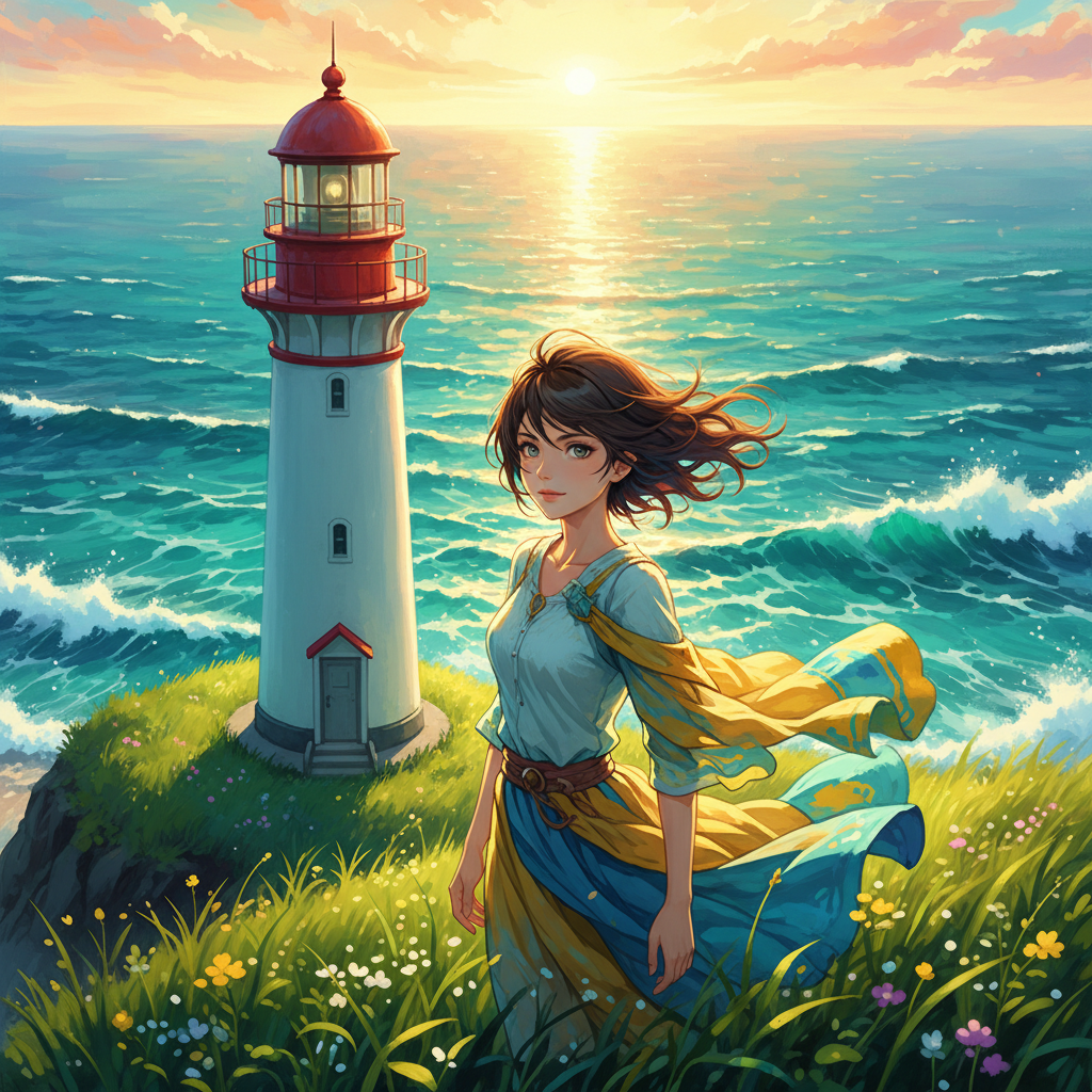 Ghibli Lighthouse Cliffside Ocean AI Filter AI portrait example — Ghibli & Anime