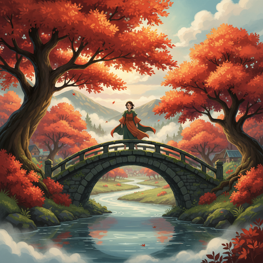 Ghibli Misty Autumn Bridge AI Trend AI portrait example — Ghibli & Anime