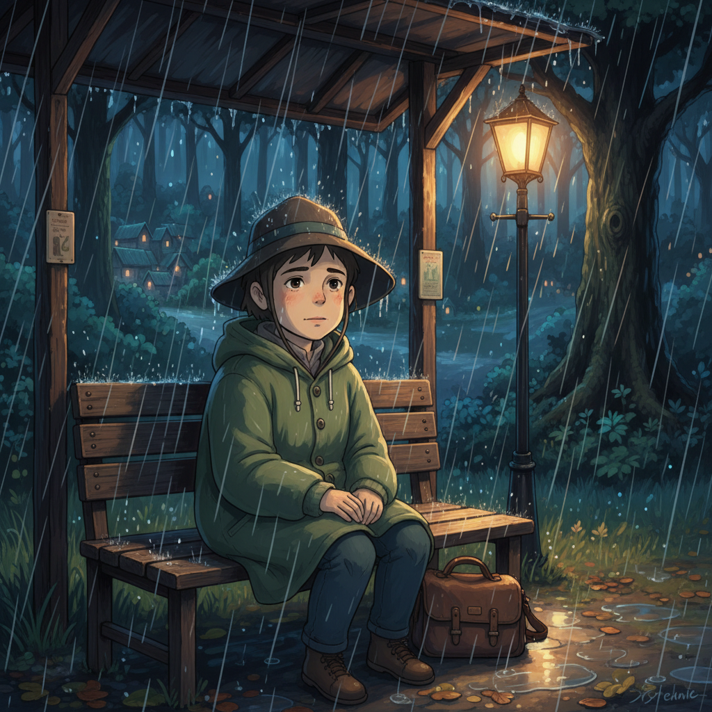 Ghibli Rainy Bus Stop Night AI AI portrait example — Ghibli & Anime