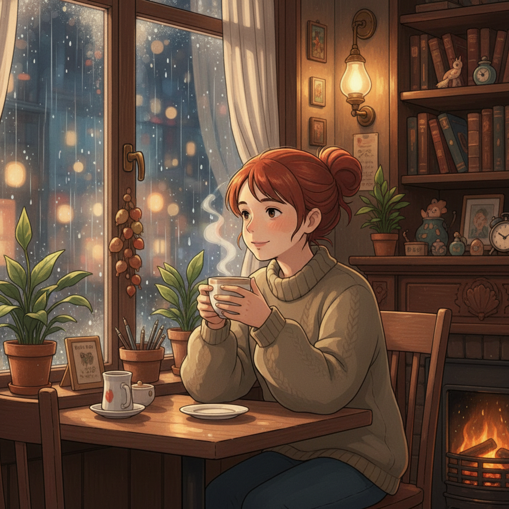 Ghibli Rainy Cafe Window AI Portrait AI portrait example — Ghibli & Anime
