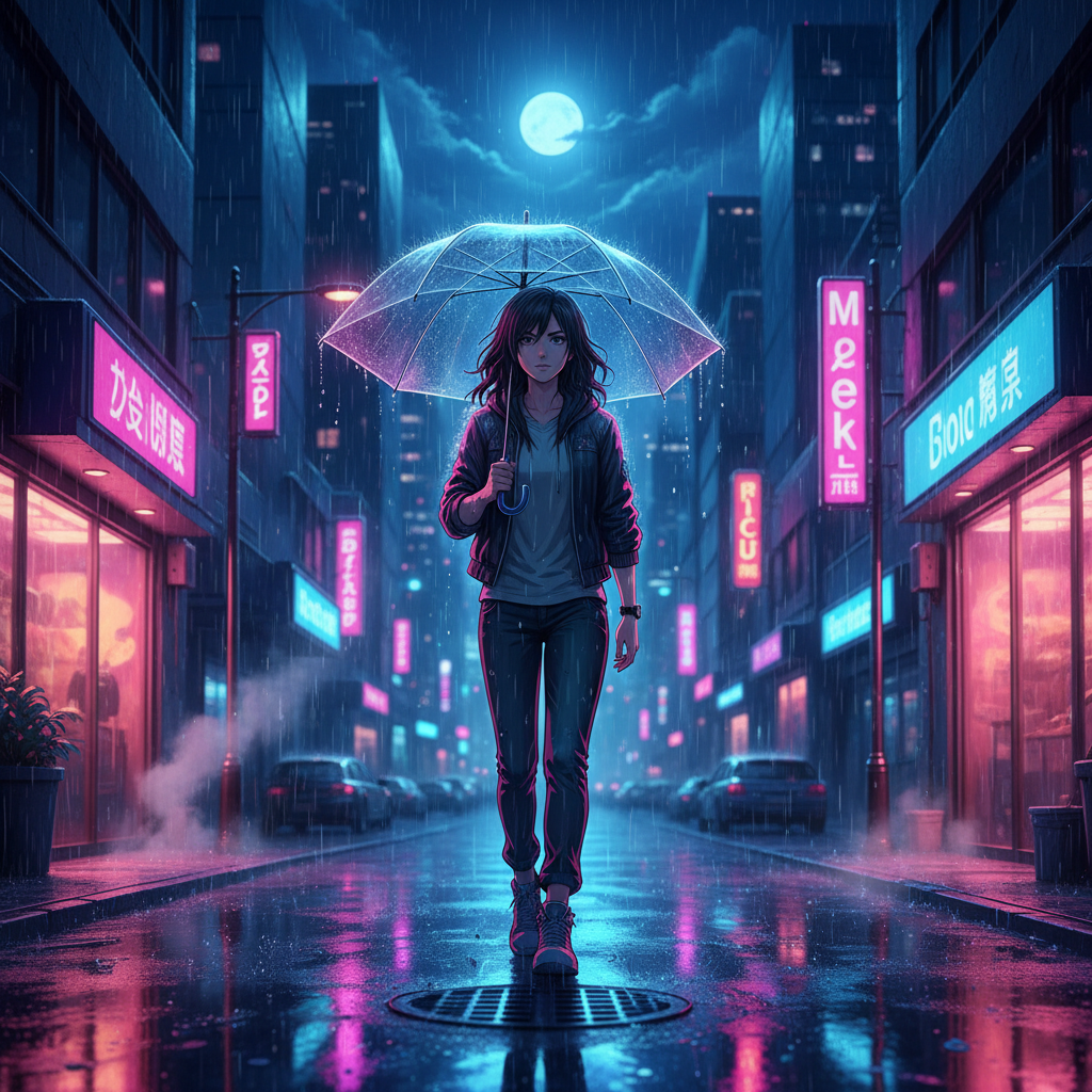 Ghibli Rainy City Umbrella Night AI Trend AI portrait example — Ghibli & Anime