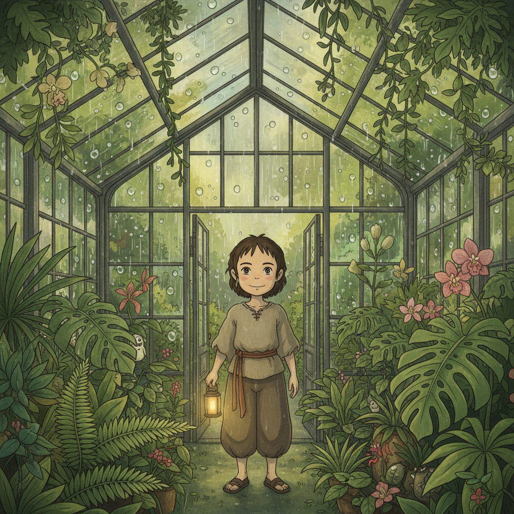 Ghibli Rainy Greenhouse Garden AI Portrait AI portrait example — Ghibli & Anime