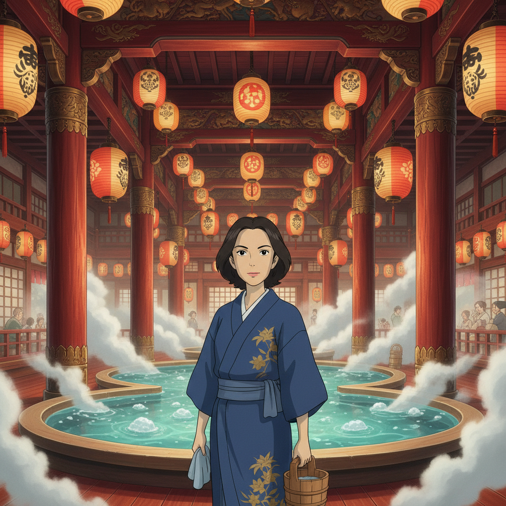 Ghibli Spirit Bathhouse Interior AI Filter AI portrait example — Ghibli & Anime