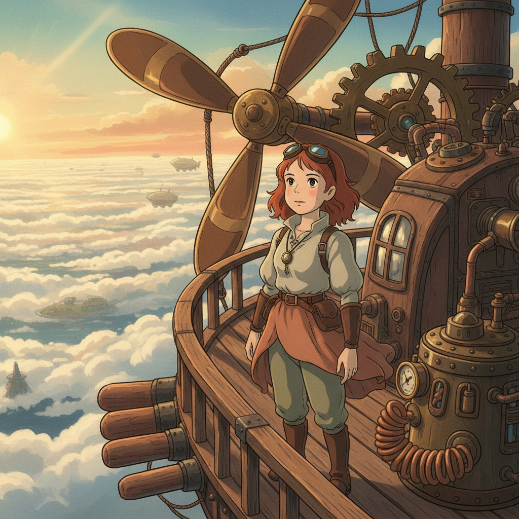 Ghibli Steampunk Airship Deck AI Filter AI portrait example — Ghibli & Anime