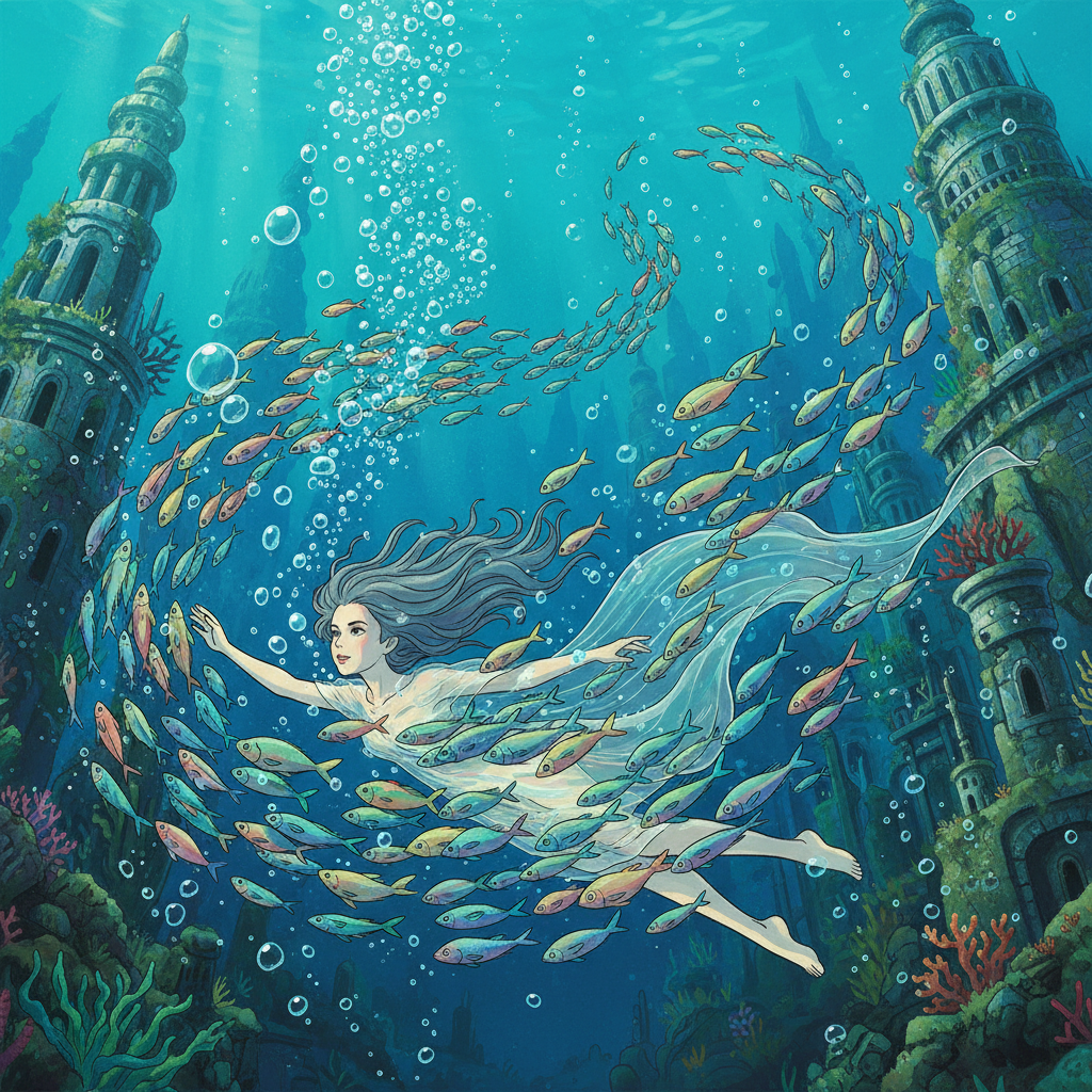 Ghibli Sunken Underwater City AI Filter AI portrait example — Ghibli & Anime