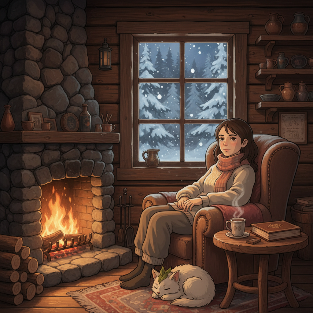 Ghibli Winter Cabin Fireplace AI Trend AI portrait example — Ghibli & Anime