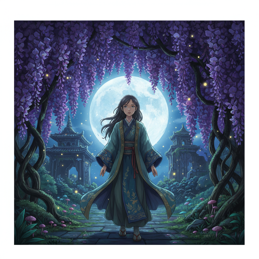 Ghibli Wisteria Arbor Night AI Trend AI portrait example — Ghibli & Anime