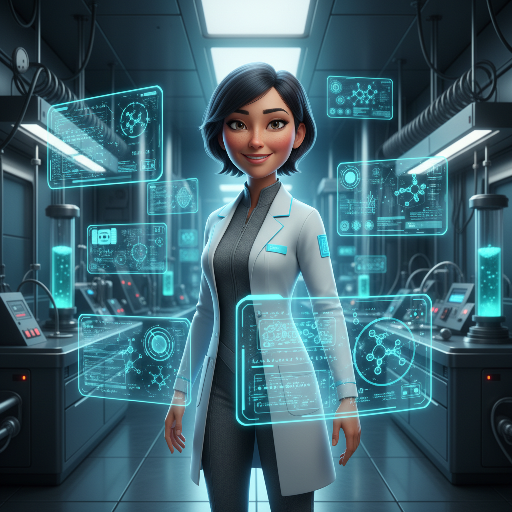 High Tech Pixar Lab Scientist AI AI portrait example — Disney Pixar 3D