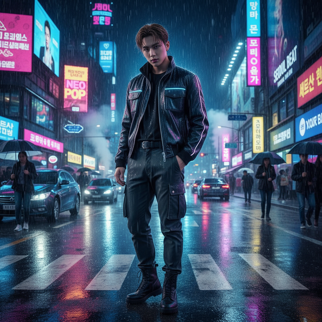 Neon Cyberpunk Rain Seoul AI Trend AI portrait example — K-Pop & Idol