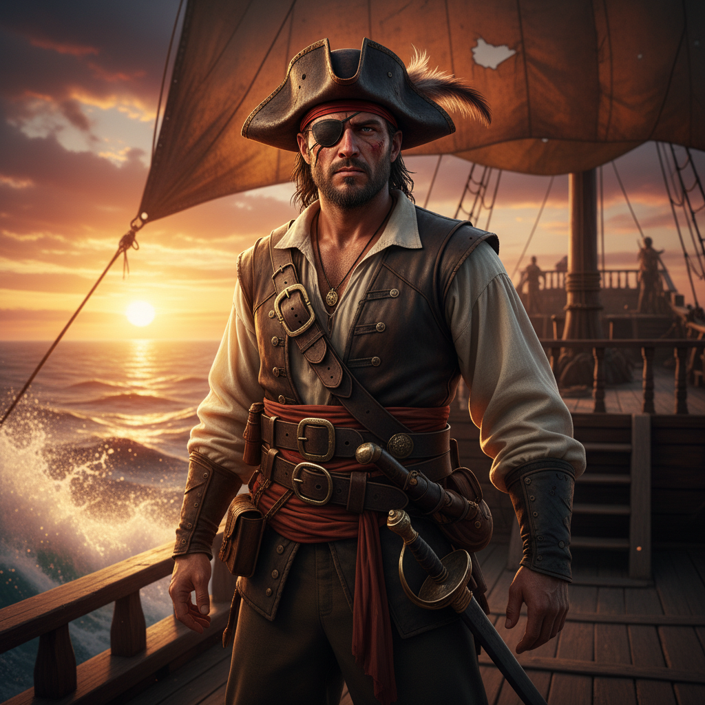 Pirates Caribbean Shipwreck Sunset AI Portrait AI portrait example — Cinematic & Movie Poster