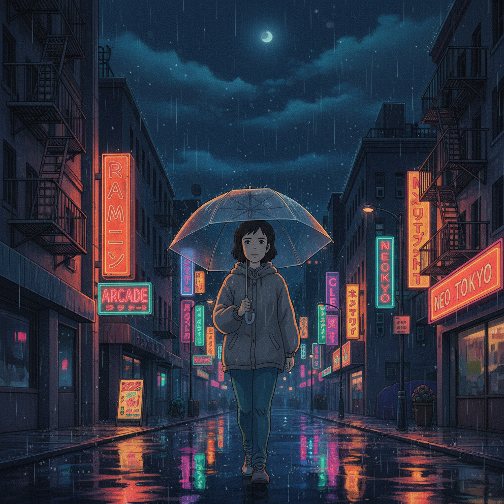 Retro 90s Ghibli City Night AI AI portrait example — Ghibli & Anime