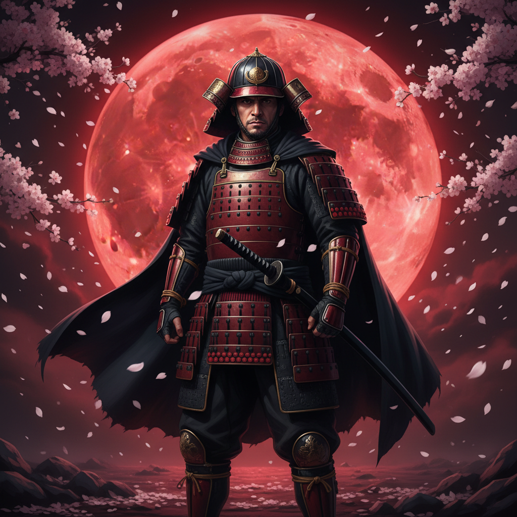 Samurai Red Moon Blossom AI Filter AI portrait example — Fantasy & Cosplay
