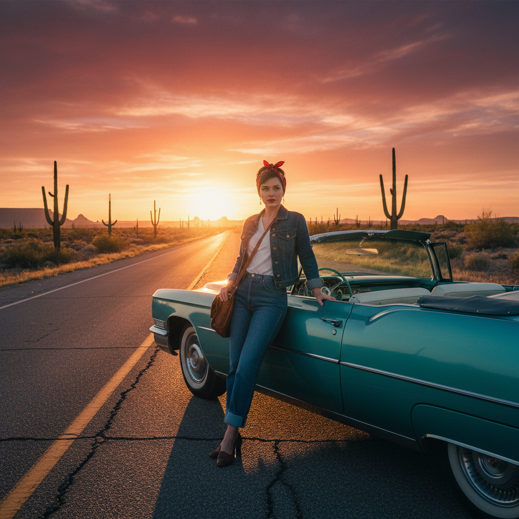 Vintage Americana Road Trip AI AI portrait example — Fashion & Editorial