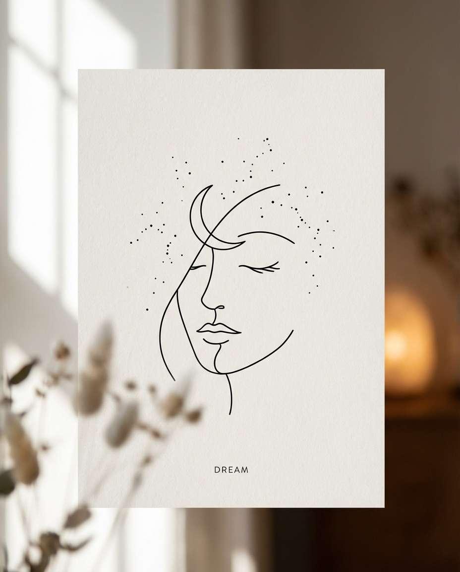 Abstract Face and Moon AI portrait example — AI Minimalist Line Art Prompt