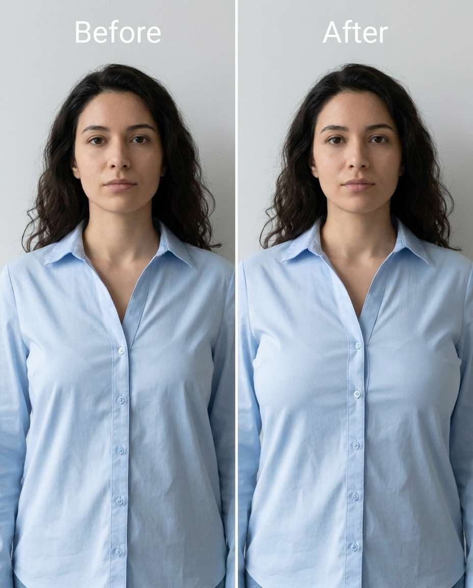 Adjusted Neckline Spacing AI portrait example — AI Breast Expansion Prompts for Gemini & ChatGPT: 25+ natural retouch ideas