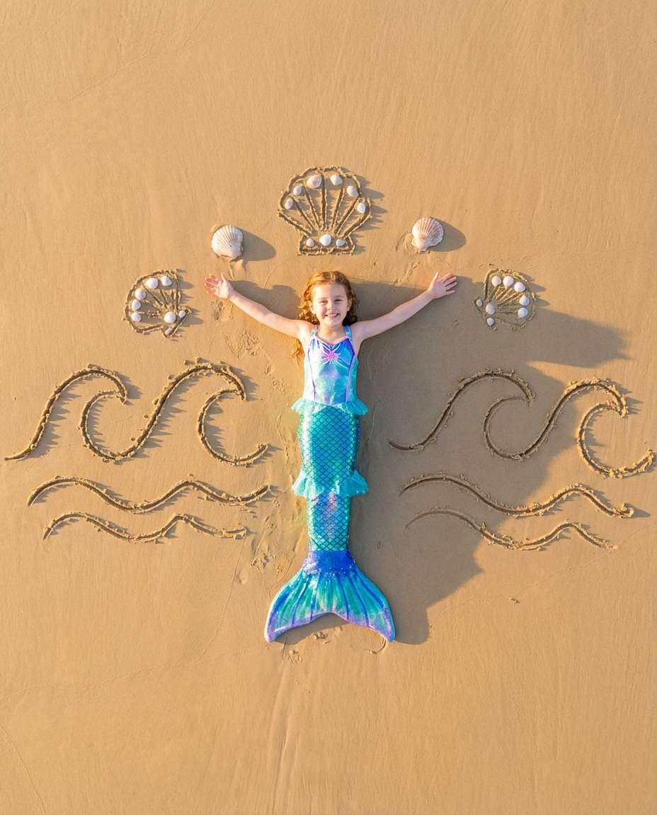 Aerial Sand Drawing AI portrait example — Gemini Mermaid Kids Photoshoot Prompts