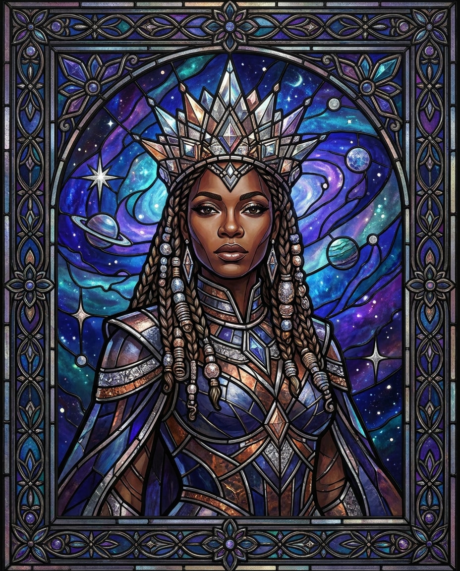 Afrofuturist Queen AI portrait — Gemini AI Stained Glass Art Prompt