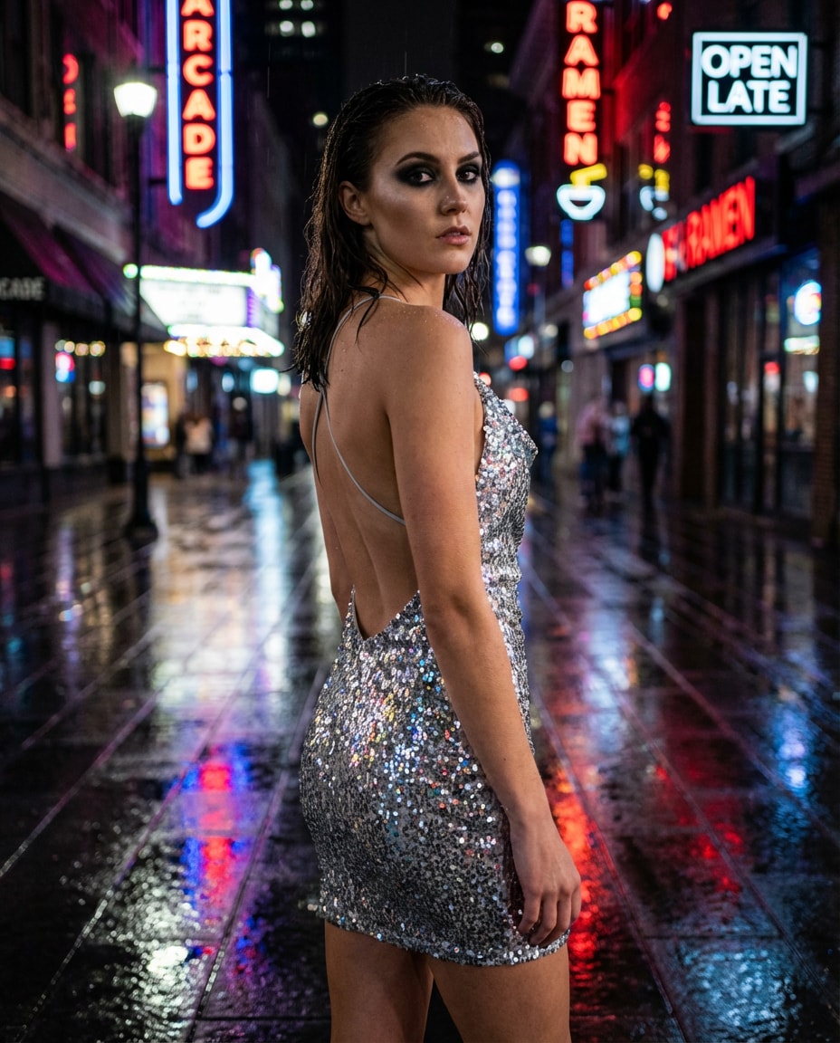 Afterparty Neon AI portrait — Gemini AI Backless Dress Prompt