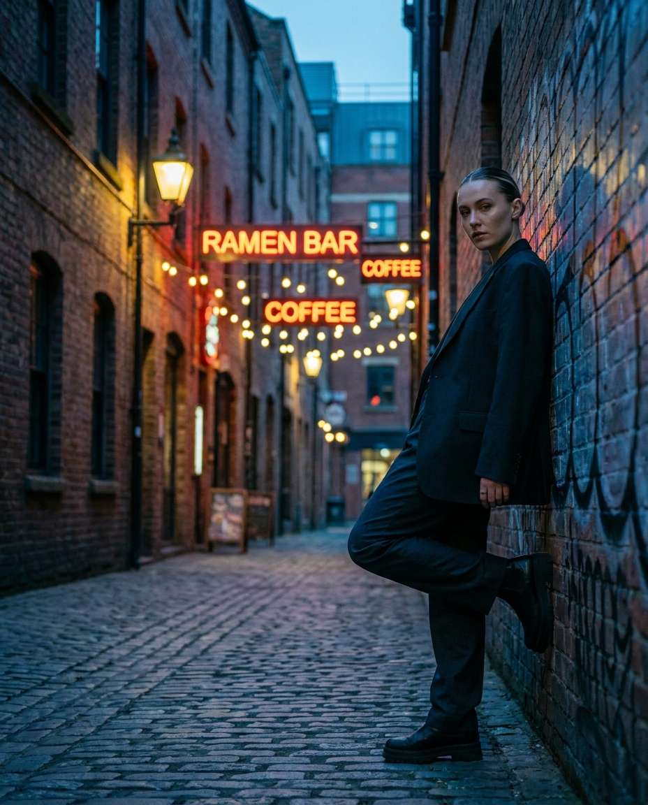 Alleyway Editorial Pose AI portrait — Gemini AI Blue Hour Photo Prompt