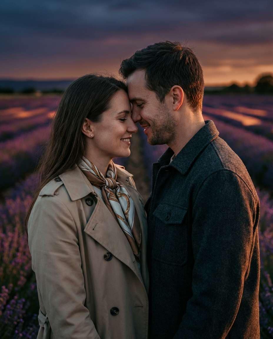 Anamorphic Dusk Cinema AI portrait example — AI Lavender Field Photo