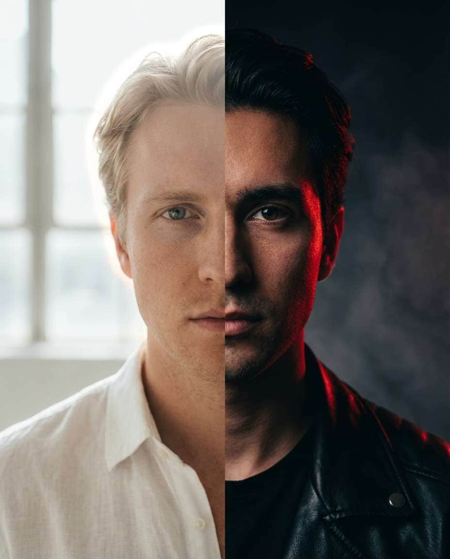Angel vs Demon Lighting AI portrait — AI Split Photo Prompt