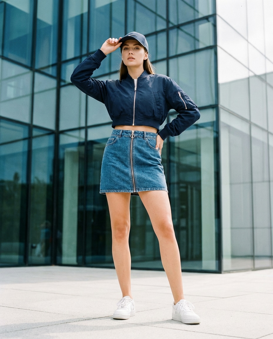 Athleisure Contrast AI portrait example — Gemini AI Denim Skirt Prompt