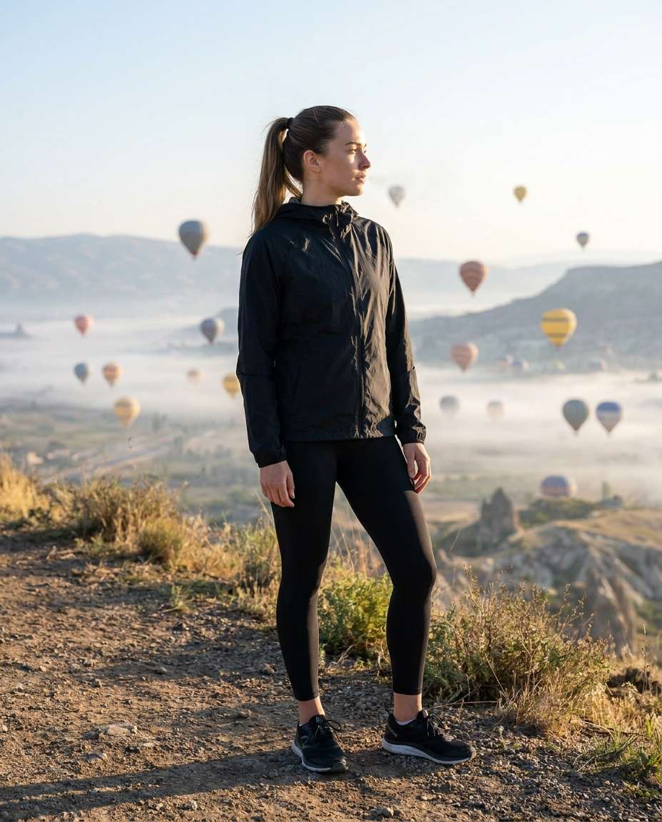 Athleisure Morning Hike AI portrait example — AI Hot Air Balloon Prompts for Gemini & ChatGPT