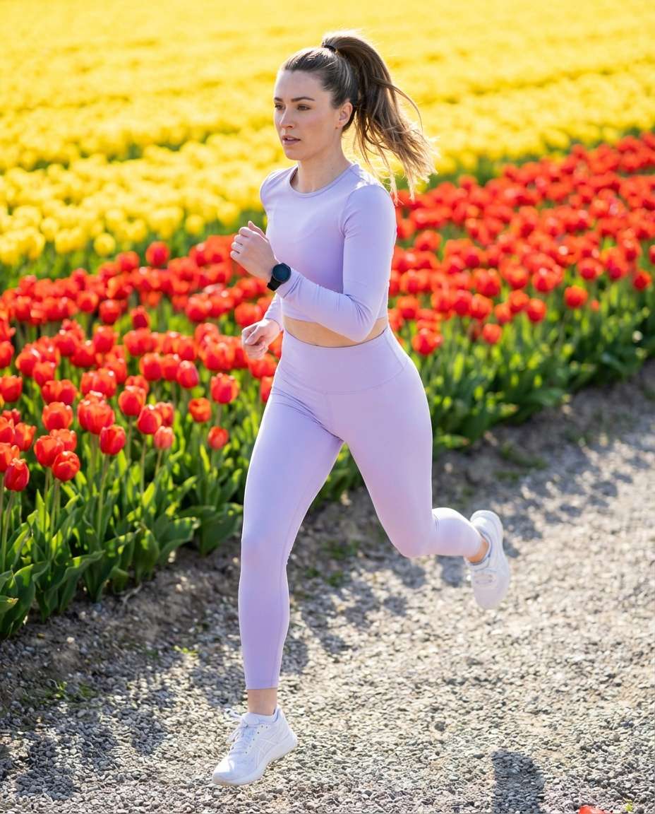 Athleisure Spring Run AI portrait example — AI Tulip Garden Photography Prompt
